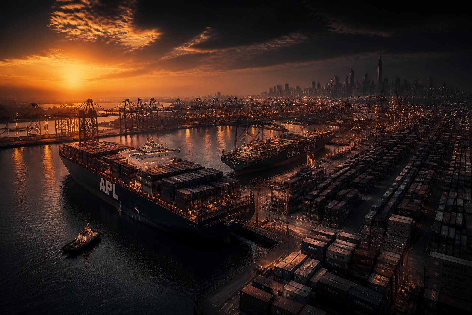 Jebel Ali Port at golden hour with Dubai skyline in the background